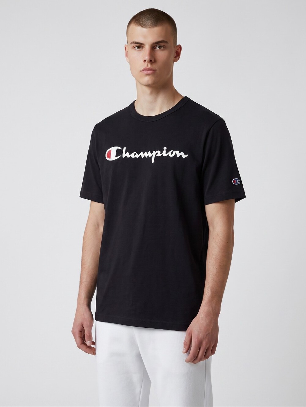 Vintage Champion Black Crewneck Logo Tee with White Script